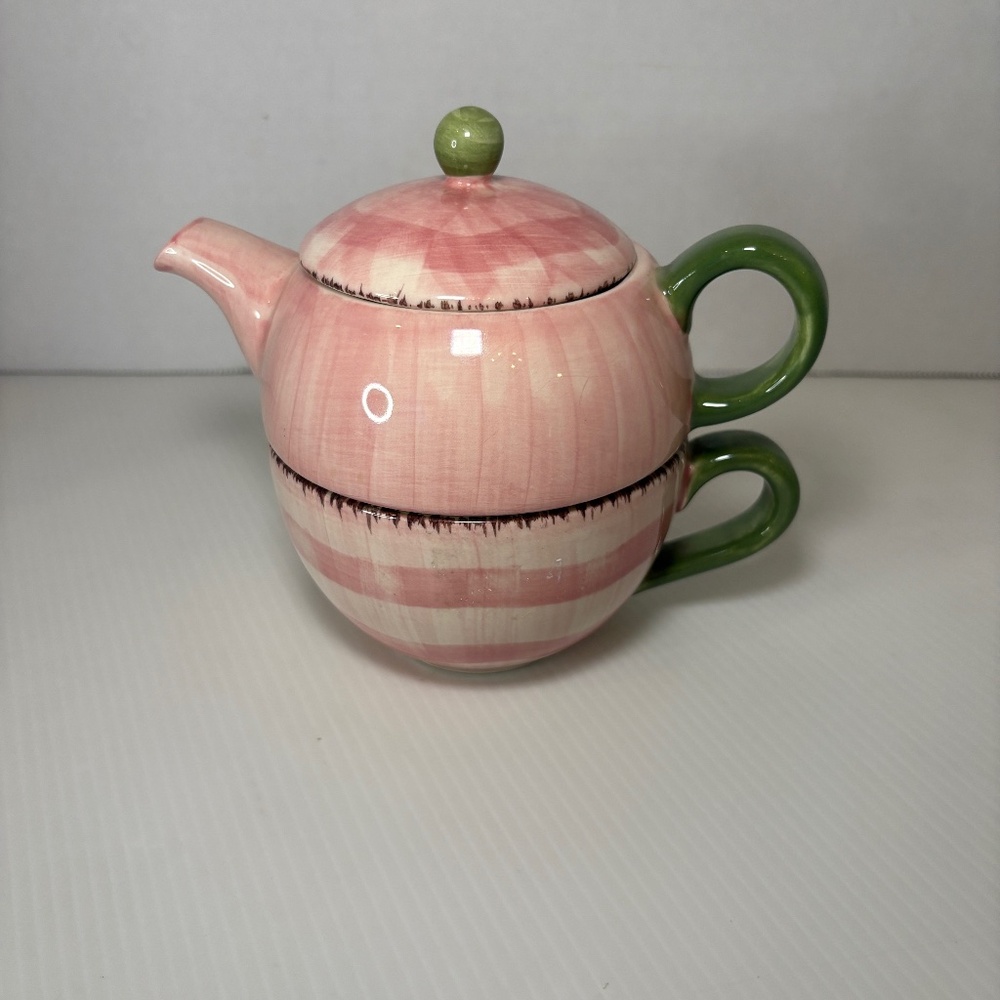 Franciscan Flora Pink Individual Tea Set Cup Pot Lid Wedgewood Gingham Check